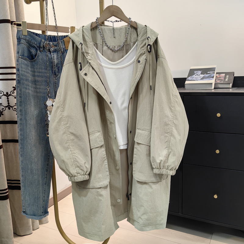 Khaki Hooded Trench Coat for Women, Spring and Autumn, Loose Fit, Drawstring Waist, Slimming, Mid-Length, Lazy Style, Casual, Plus Size Jacket