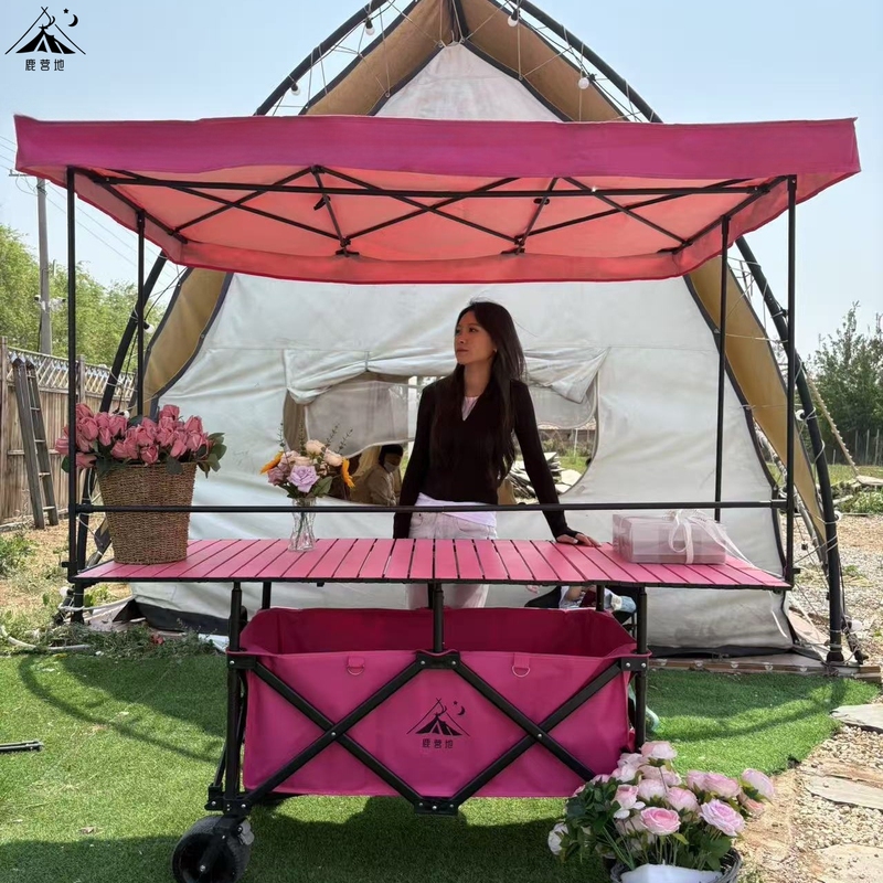 Foldable Stall Cart with Adjustable Table Top, Mobile Night Market Cart, Camping Cart, Small Pushcart, Snack Cart