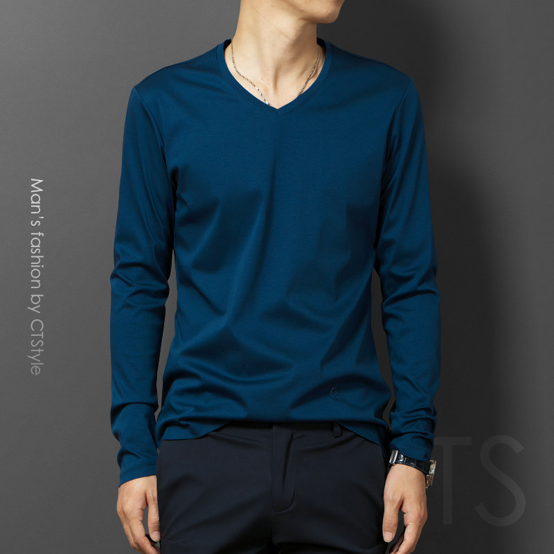 Double mercerized cotton men's V-neck long-sleeved T-shirt cotton solid color ice silk T-shirt autumn loose bottoming shirt 2021 new