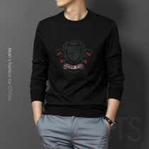 Mens round neck sweater autumn and winter slim embroidery trend long-sleeved T-shirt thickened pullover Mens autumn and winter top