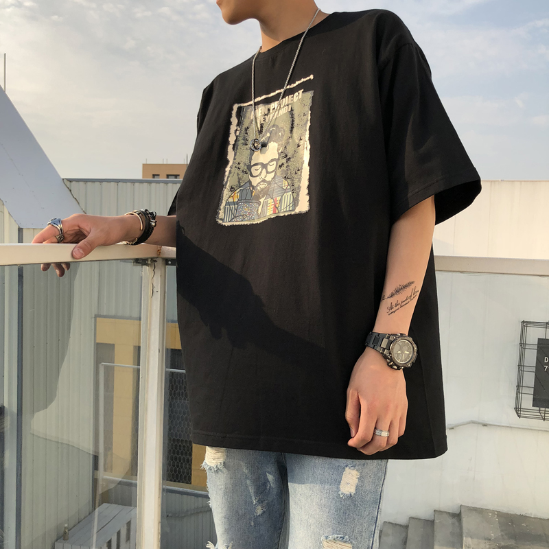 Mùa hè mới tay ngắn nam thương hiệu thủy triều cộng với phân bón XL lỏng cổ tròn áo thun sinh viên hip-hop xu hướng thân hình mập mạp áo thun nam cổ tròn