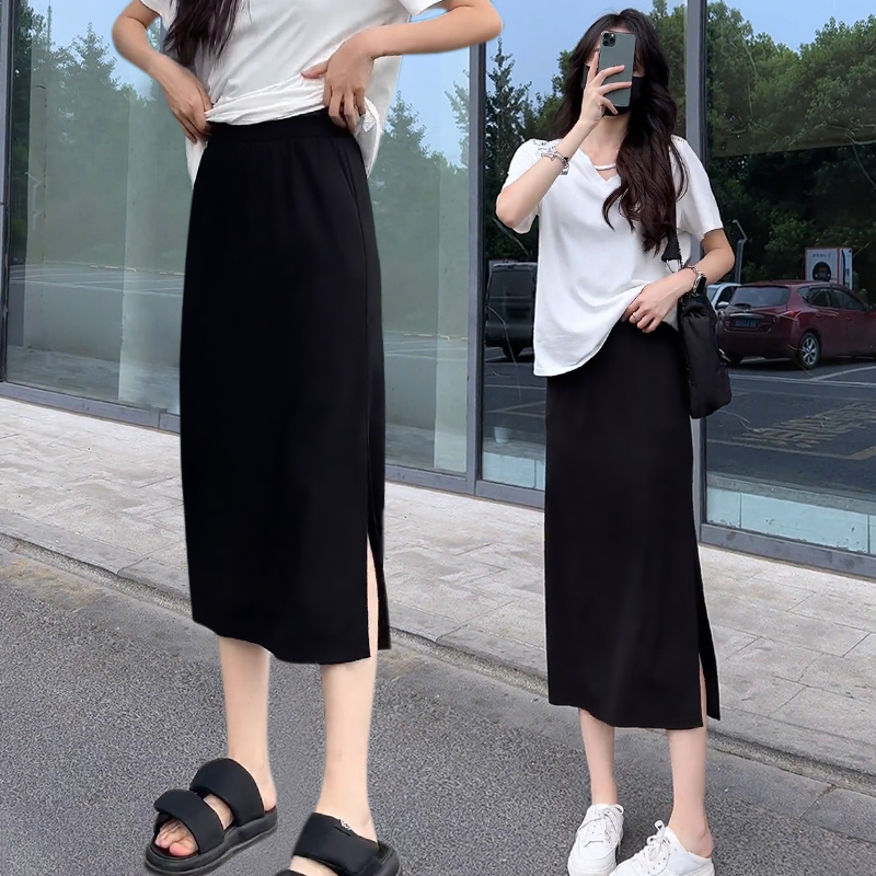 Ice Silk Thin Black Skirt for Women, Summer 2026 New Style, Petite Slimming Slit A-Line Casual Straight Long Skirt