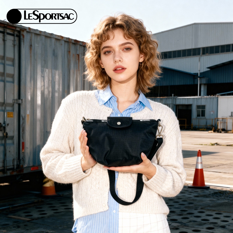 Lesportsac New Trendy Series Simple Black Commuter Carry-On Bag Lightweight Small Crossbody Bag for Women
