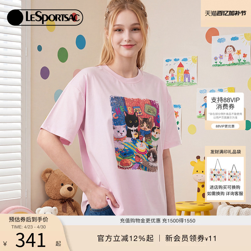 Lesportsac New Newnew Collaboration Series Retro Print Casual Loose Short-Sleeved T-Shirt for Women