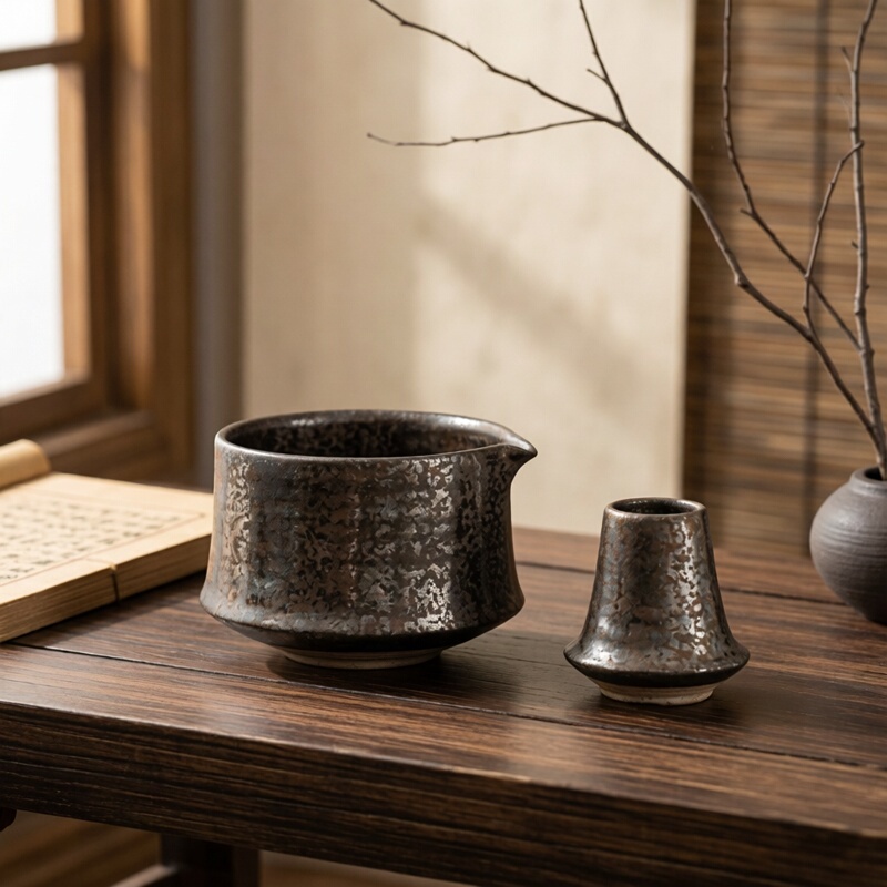 Japanese-Style Ancient Pottery Matcha Bowl Set with Spout, Four-Piece Ceramic Tea Ceremony Set, Vintage Coarse Pottery Tea Bowl with Whisk Stand and Brush Japanese-Style Ancient Pottery Matcha Bowl Set with Spout, Four-Piece Ceramic Tea Ceremony Set, Vintage Coarse Pottery Tea Bowl with Whisk Stand and Brush