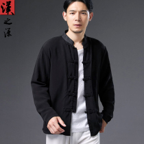 Chinese wind mens disc buttons Tangclothing shirts pure color upright collar mens clothing snowspun cotton linen lining loose and casual blouses