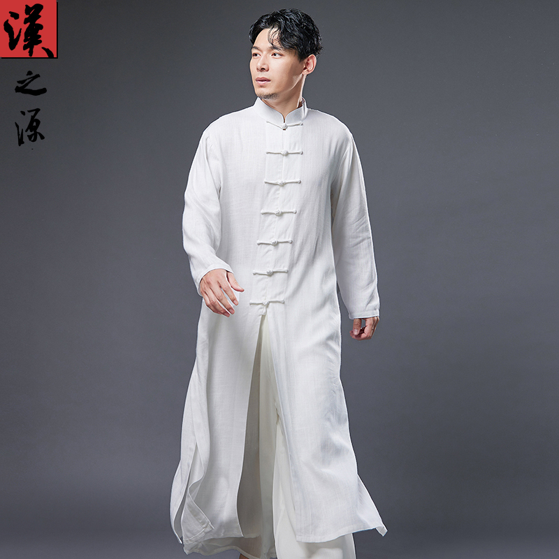 Chinese Style Men's Clothing, Ancient Style Robe with Stand Collar, Chinese Cotton and Linen Tang Suit, Zen-Inspired Clothing, Elegant Hanfu Long Shirt, Performance Clothing