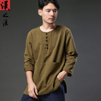 China Wind Linen Cotton Men T-Shirt 100 Hitch Bottom Long Sleeve Mens Clothing Loose Casual Retro Round Collar Body Shirt Autumn