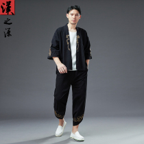 Summer Cotton Linen Embroidered China Wind Suit Casual Mid-Sleeve Cardiovert Mens Clothing Two Sets Improved Hanfu National Costumes