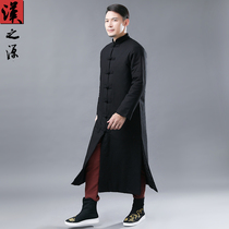 Winter thick long cotton-padded clothes mens Chinese stand collar cotton coat Chinese style retro linen Tang cotton jacket warm