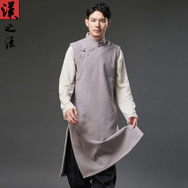 Chinese Wind Skew Flap Buckle Machia Mid-Length Neckline Plus Suede Coat Sashimi Gowns Chinese Vintage Mens Clothing Long Shirts
