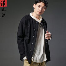 China Wind Retro Linen Shirt Autumn No Collar Long Sleeve Shirt Outside Wearing Cardiopoux Jacket Loose Casual Male Blouse