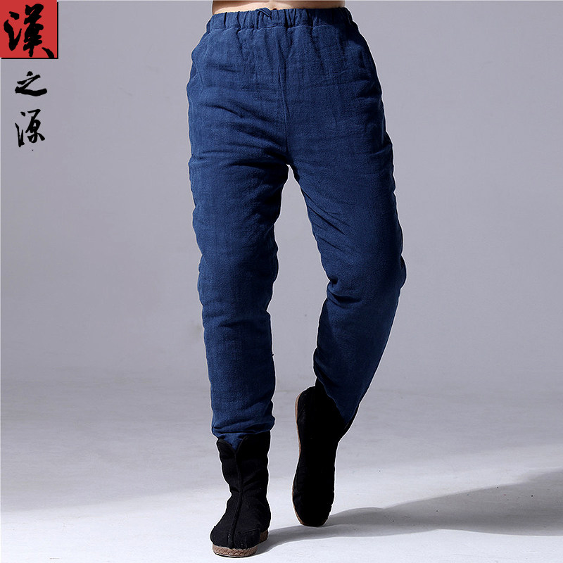 Winter China Wind Thickened Cotton Pants Chinese Style Men's Clothing Retro Loose Long Pants Pure Color Linen Casual Cotton Clothes Men's Pants