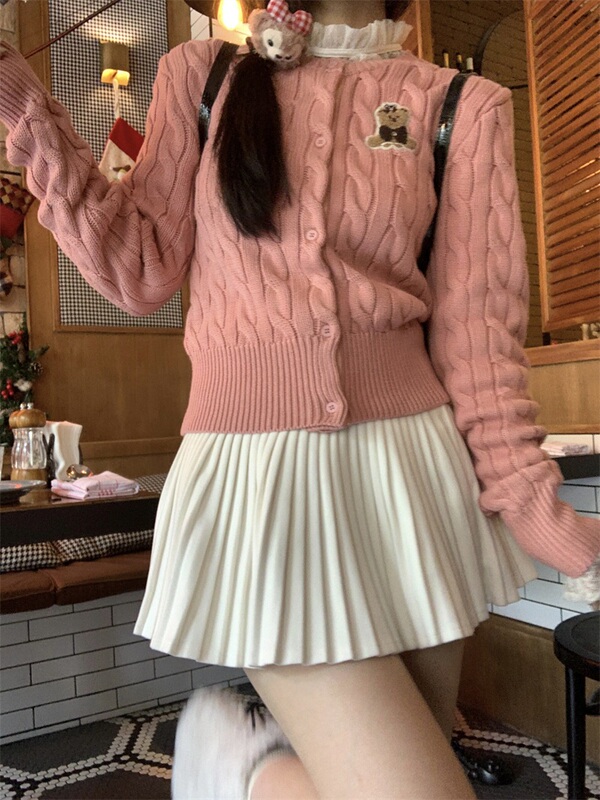 Early Spring 2025/Cookie Biscuit Embroidered Bear Short Sweater with Waist-Cinching Soft Round Neck College Style Knitted Cardigan