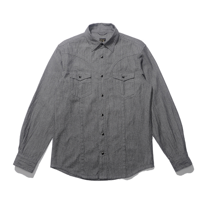 028 LAOSHU Brand Pepper Salt Selvedge Denim Shirt Snap Button Vintage Denim Loose Long Sleeve Shirt 5.6oz 028 LAOSHU Brand Pepper Salt Selvedge Denim Shirt Snap Button Vintage Denim Loose Long Sleeve Shirt 5.6oz