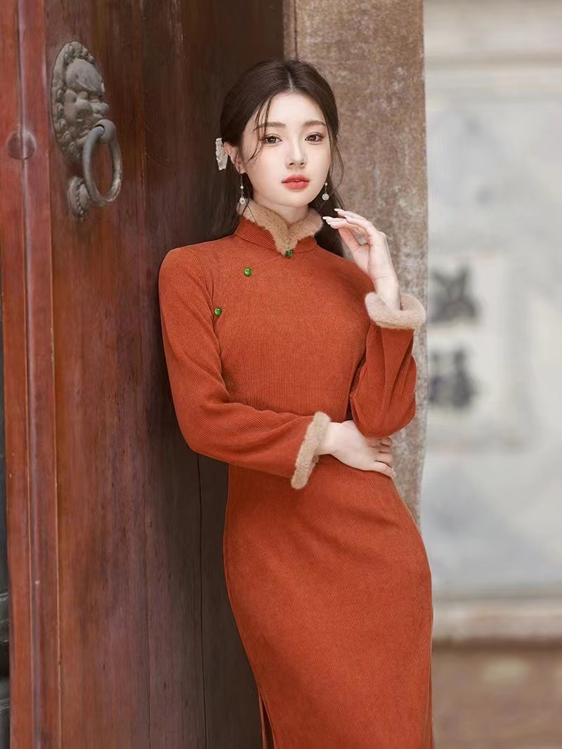 [1018] Autumn and winter solid Snowy single -layer without velvet collar long improved cheongsam
