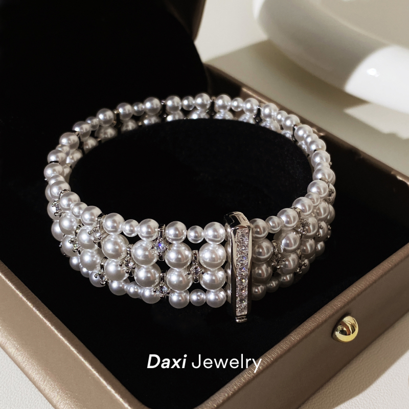 French-Style Heavy Craftsmanship Light Luxury Multi-Layer Australian White Pearl Bracelet for Women with Zircon Inlay, High-End Design, Sparkling Diamond Rice Bead Bracelet