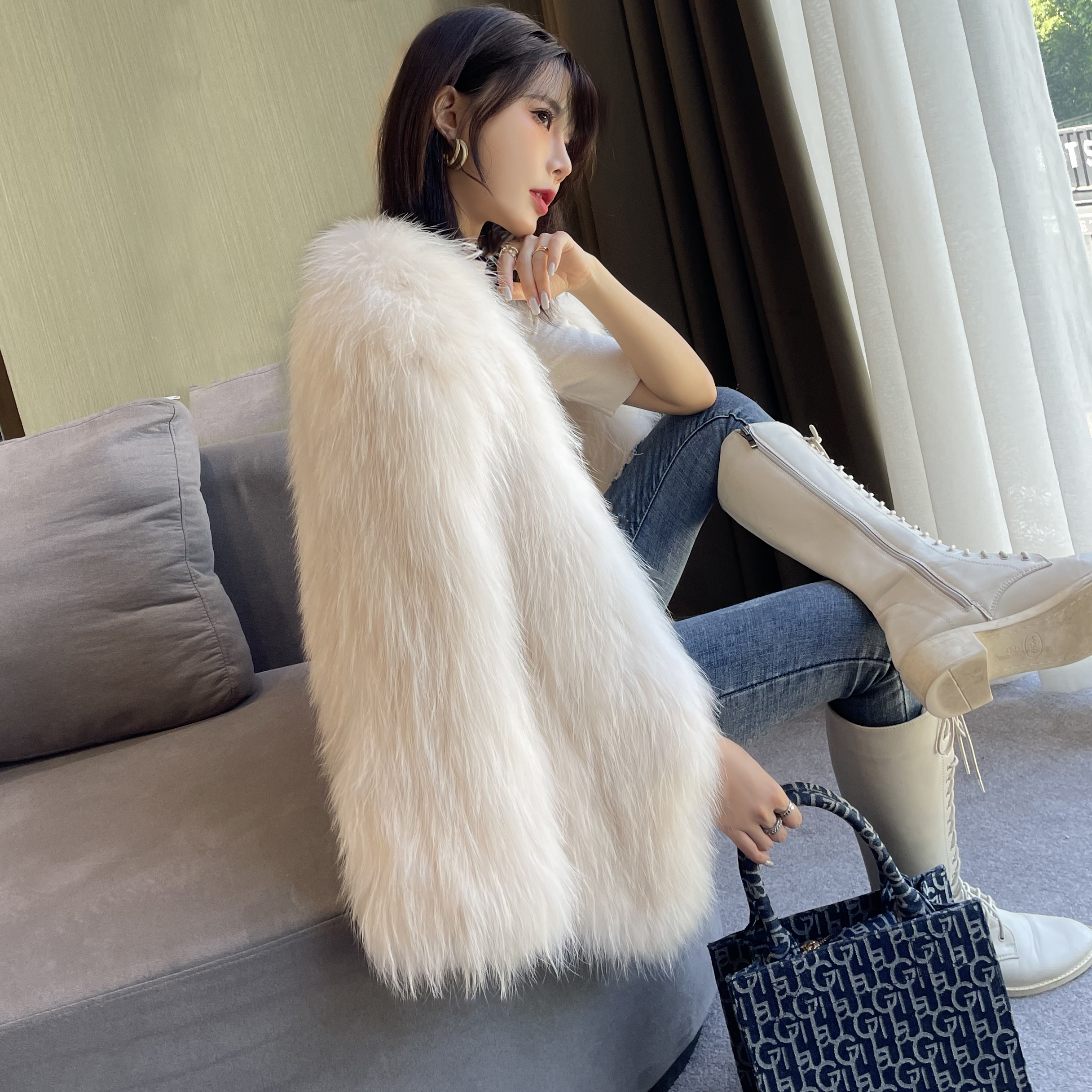 Encrypted raccoon fur double-sided woven fur coat women's mid-length version 2021 autumn and winter new furry fashion young