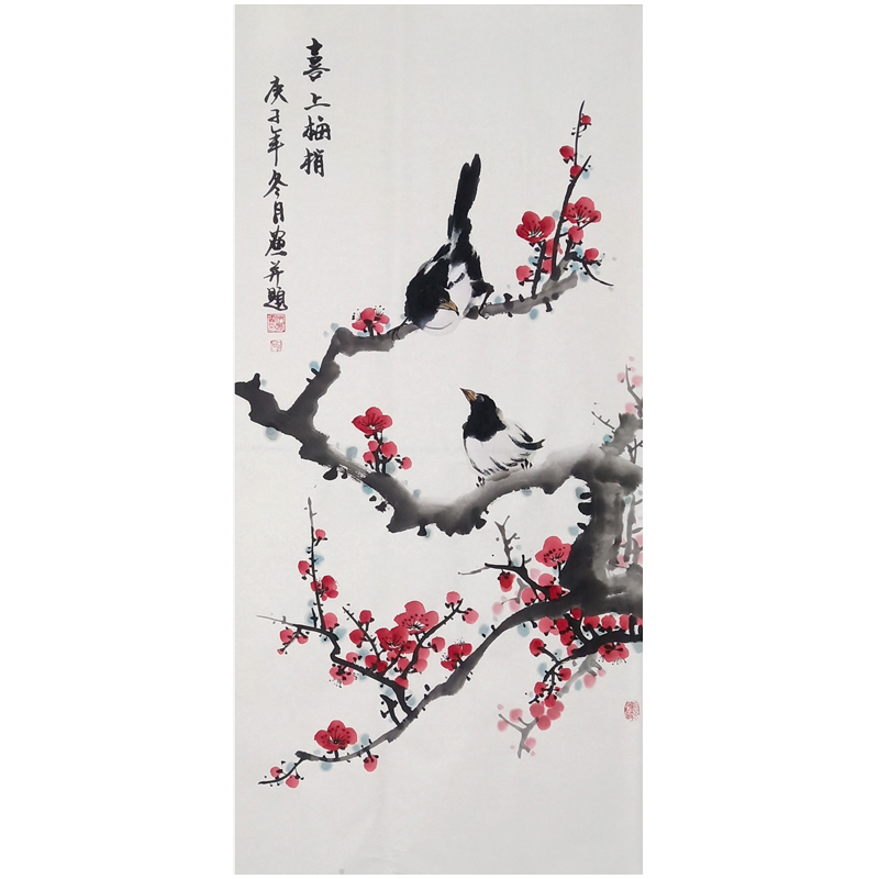 Happy Upper Brow Hand Plotter Country Painting Plum Flower Bird Painting Water Ink Painting Living Room Decoration Painting Xuanguan Hung Painting Red Plum newspaper Chuntu-Taobao