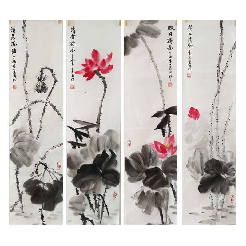 Chinese painting Flower and bird painting Pure hand-painted lotus canvas strip Vertical corridor bedroom living room office strip screen calligraphy and painting works