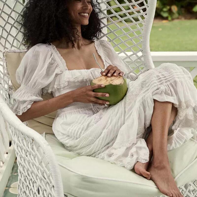 Ava LAOSHU D Classic Izabal French Puff Sleeve Dress with Ruffled Lace and Elasticated Long Skirt