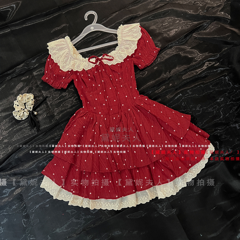 Summer Short Dress for Petite Figures, Red Oil Painting Style, Puffy Skirt, Tiered Dress, Princess Sweet Lace, French Style, Age-Reducing