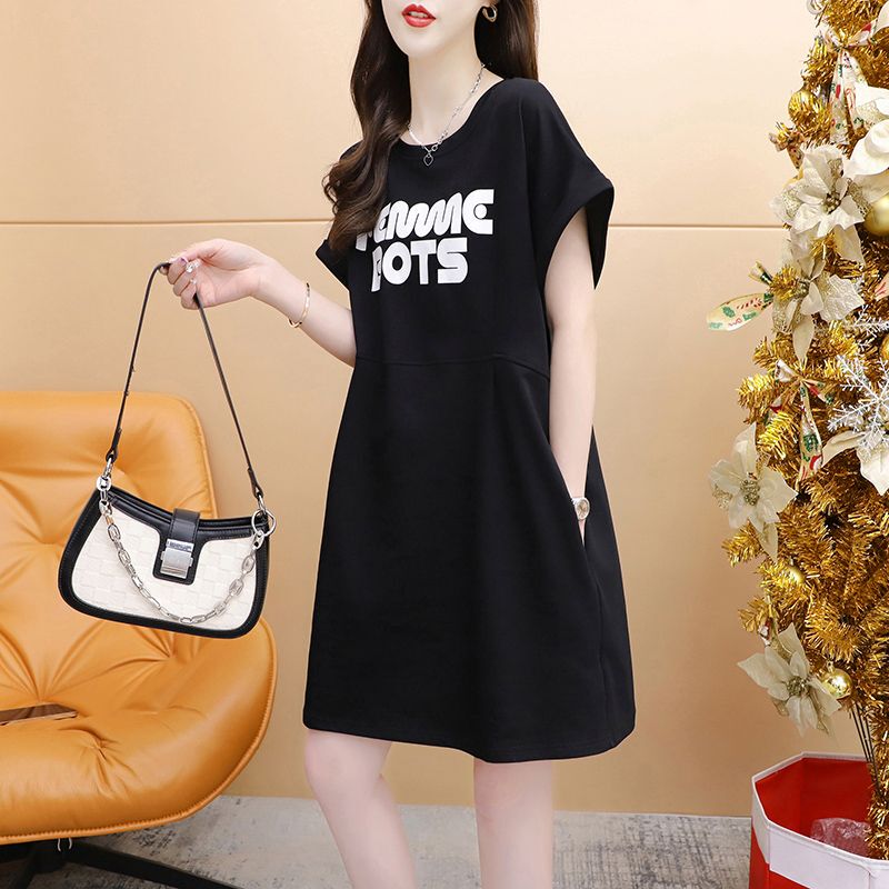 T-Shirt Dress for Women, Summer European Style, Waist-Cinching, Pure Cotton Dress, Casual Sports Black Sweatshirt Dress, Pullover Pocket Lazy Dress T-Shirt Dress for Women, Summer European Style, Waist-Cinching, Pure Cotton Dress, Casual Sports Black Sweatshirt Dress, Pullover Pocket Lazy Dress