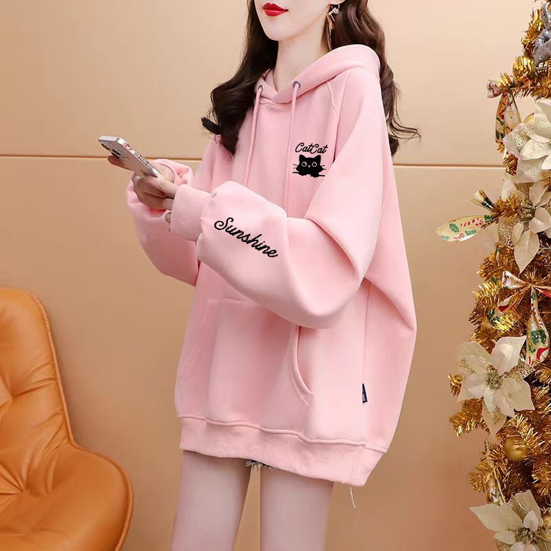 Pink Letter Print Hooded Pullover Sweatshirt for Women 2025 Autumn and Winter New Style White Fleece-Lined Loose Design Jacket