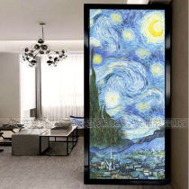 Modern simple screen partition Art glass Entrance entrance background wall Shoe cabinet sliding door glass Van Gogh starry sky