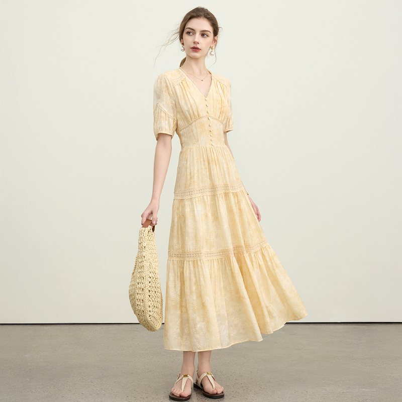 Lyocell Tencel Dress for Women 2026 Summer New Style Embroidered Color-Blocking Craft V-Neck Elegant Over-The-Knee A-Line Long Dress