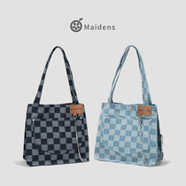 Orange Girl Girl Canvas Chessboard Lattice Single Shoulder Bag Plaid Large Bag Large Capacity Handbag Class Commuter Tote Bag