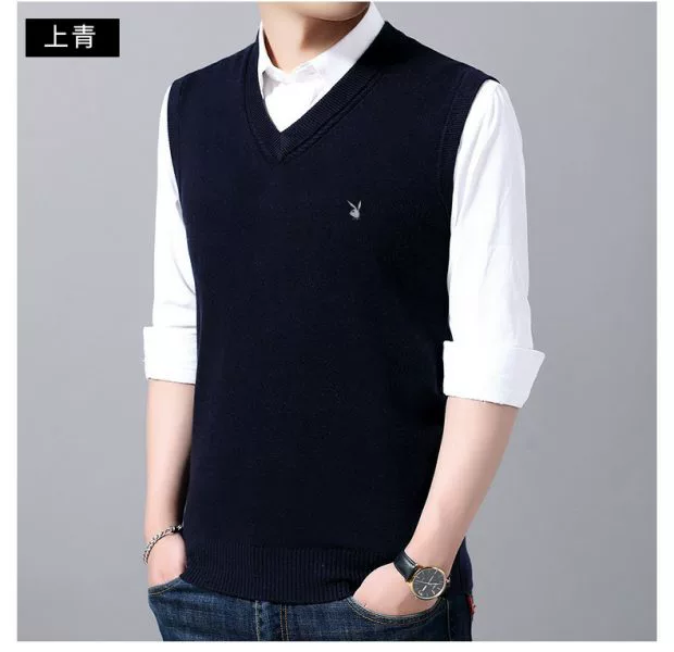 Playboy nam không tay áo thun vest cardigan đan áo len thắt lưng áo ghi lê cổ chữ V - Áo vest cotton