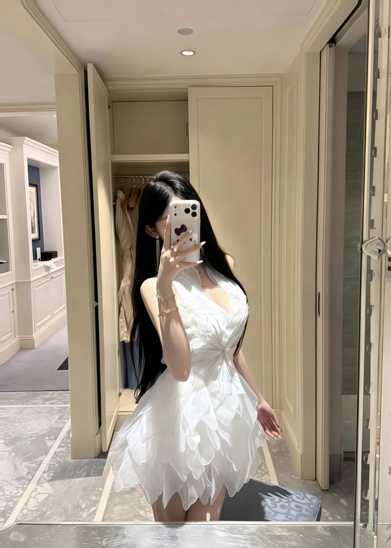 Halter Neck Dress for Women, Socialite Birthday Dress, Heavy Ruffles, Three-Dimensional Petals, Pure and Sexy, Waist-Cinching, Puffy Skirt
