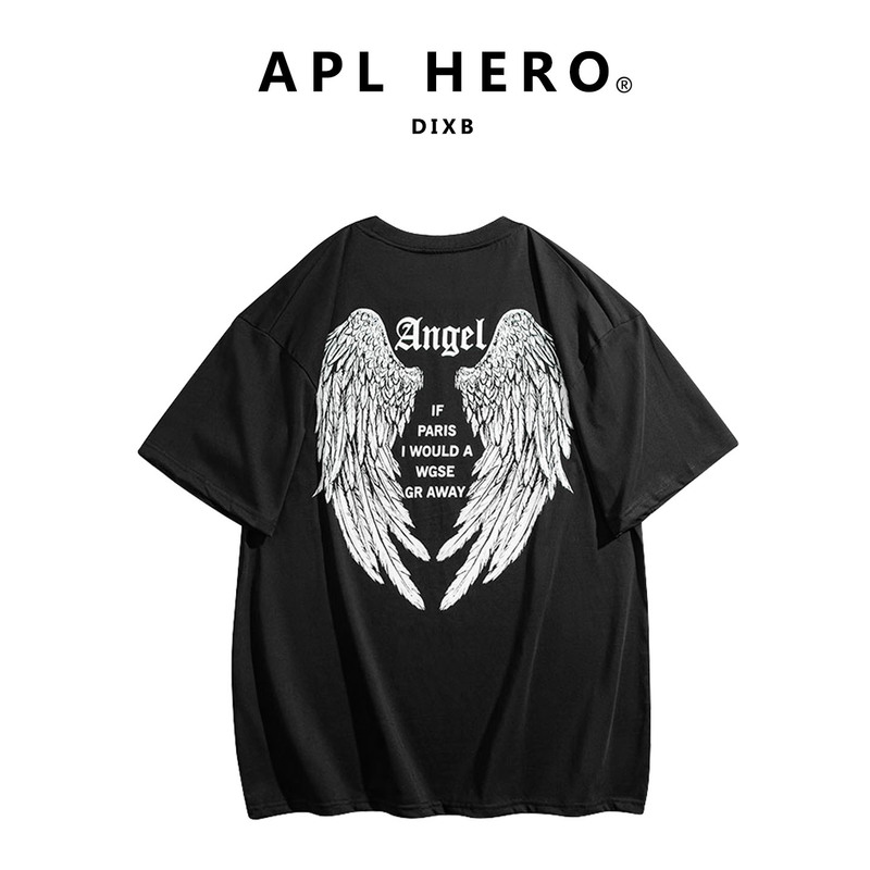 Apl Hero American Hip-Hop Style Wing Print Short-Sleeved T-Shirt for Men and Women, Loose Trendy Brand for Summer