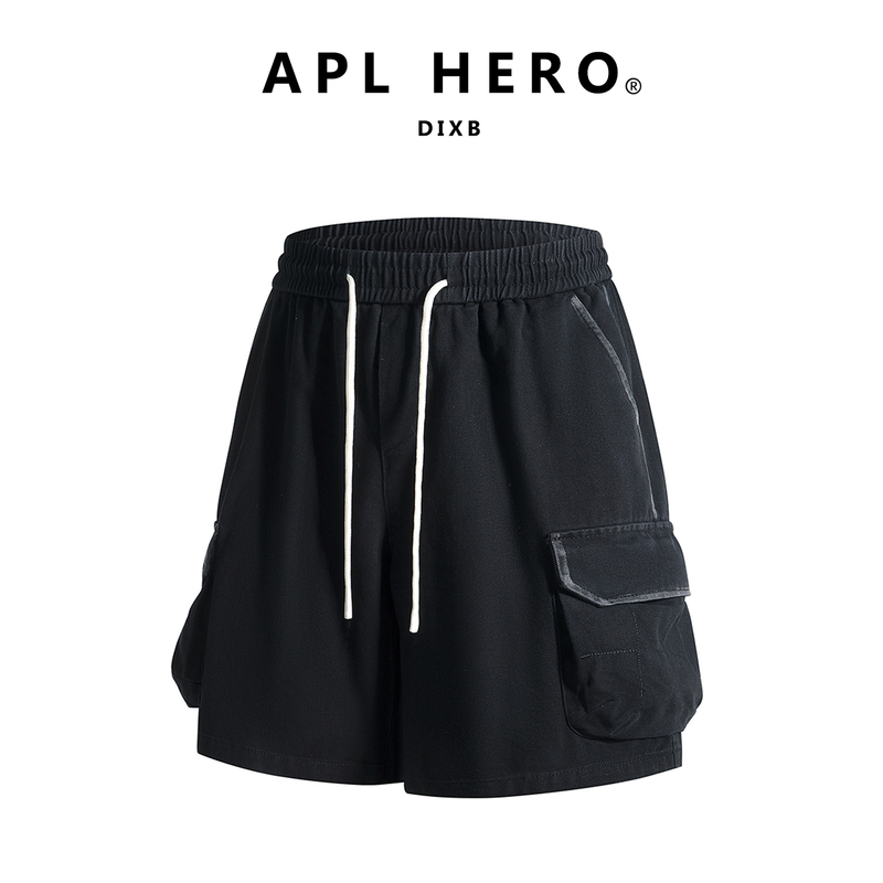 Apl Hero Workwear Style Black Shorts for Men, Loose Drawstring Multi-Pocket Casual Pants