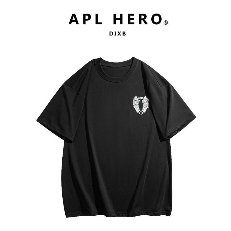 Apl Hero Black Wing Print Short-Sleeved T-Shirt for Men and Women, Loose Casual Trendy Top for Summer