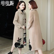 Broken clearance Haining new granular wool wool sheep cut coat womens long knee print coat mink fur collar