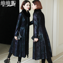 Leather down jacket womens sheep leather 2021 new mink fur collar printed leather leather women long coat fur