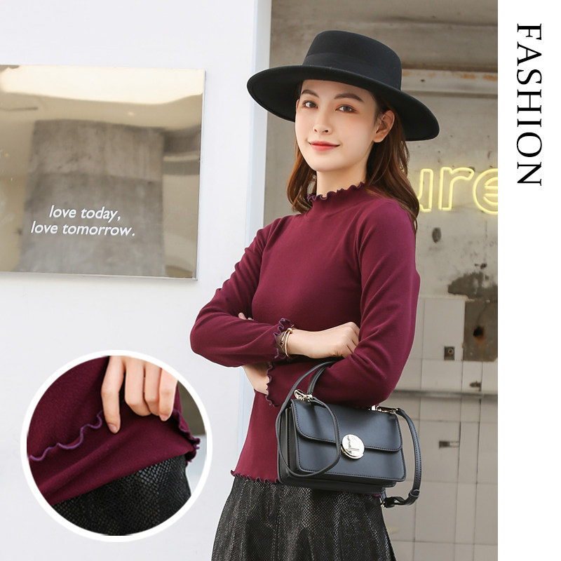 Duvet semi-high collar bottom-shirt woman autumn winter inside lap long sleeve t-shirt agaric side big code clothes plus suede blouses-Taobao