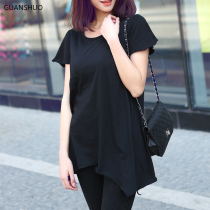 Cotton short sleeve T-shirt female 2019 new large size Korean version of long irregular hem loose base shirt casual