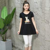 New female cotton large size short sleeve t-shirt printed round neck long A word version belly thin loose base shirt