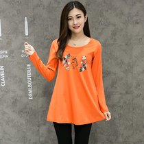 New large size cotton loose base shirt long sleeve T-shirt long print top fat MM thin 2018 spring