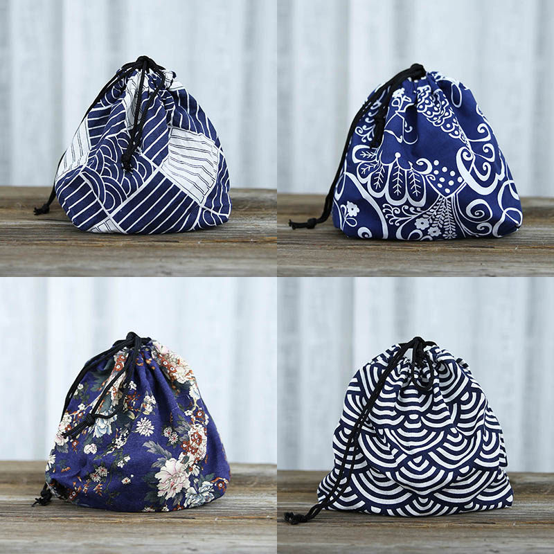 Japanese style Bento bag Drawstring cotton and hemp tote bag Portable bundle mouth lunch box Cloth cover storage dust bag Small bag