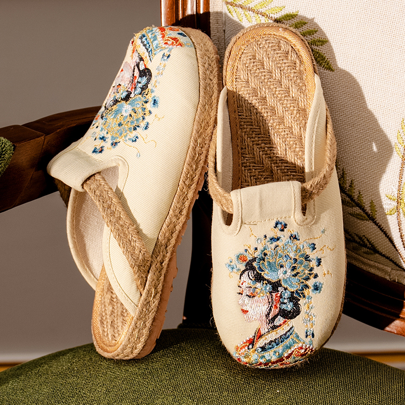 Faced Cloth Slippers for Women, New Spring and Summer Style, Chinese Style Old Beijing Cloth Shoes, Flower-Patterned Geisha Embroidered Shoes, Half-Slipper Breathable Style Faced Cloth Slippers for Women, New Spring and Summer Style, Chinese Style Old Beijing Cloth Shoes, Flower-Patterned Geisha Embroidered Shoes, Half-Slipper Breathable Style