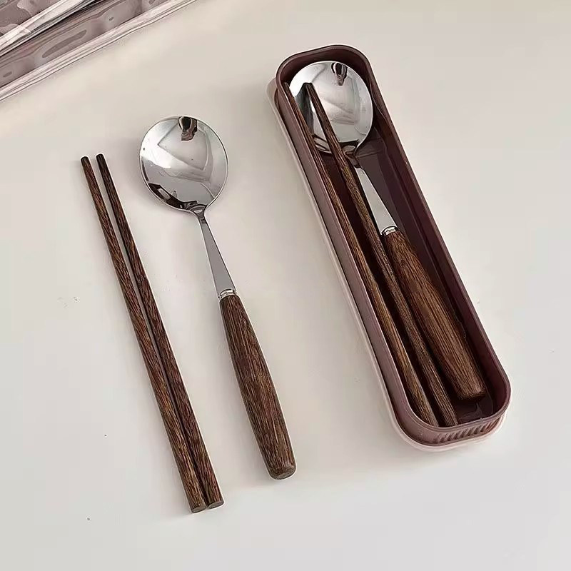 ins Korean Solid Wood Chopsticks and Spoon Set with Portable Storage Box, Vintage High-End Feel, for One Person, Students, Office Workers