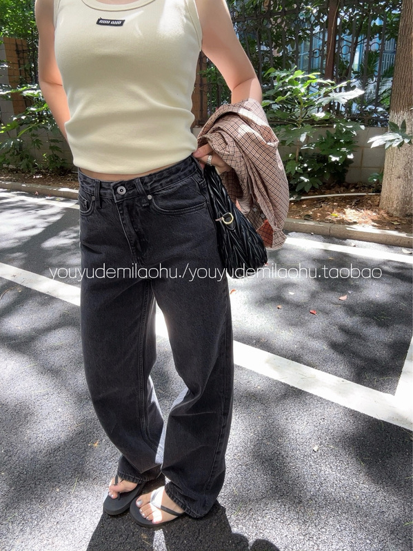 Melancholy Mi Tiger/Vintage Distressed Textured Jeans for Women, Mid-High Waist, Loose Straight Wide-Leg Pants 060H