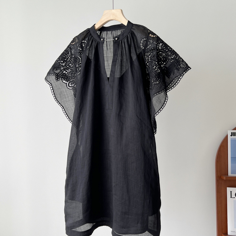 Beautiful and Elegant Italian m Brand Ramie Lightweight Hollow-Out Embroidered Puff Sleeve Dress Lace Little Black Dress