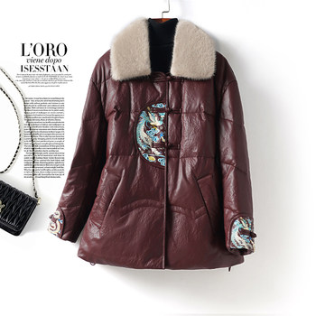 Leather down regular slim mink fur collar new chinese style