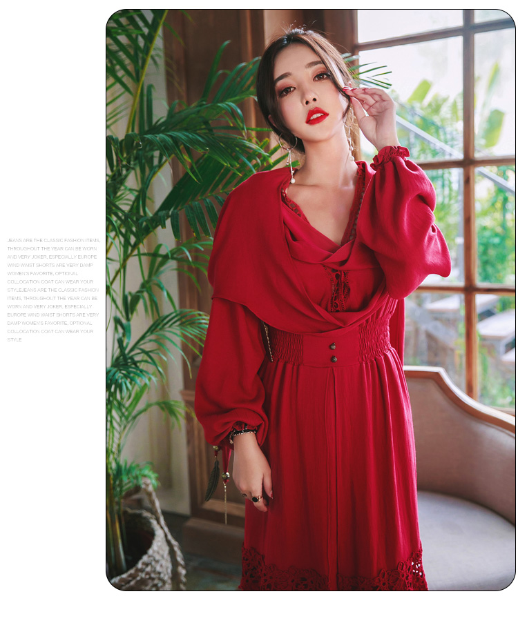 Mùa xuân 2019 mới phong cách dân tộc retro màu đỏ dài tay cotton và váy lanh du lịch kỳ nghỉ lễ lớn đu đầm mỏng váy bò dài
