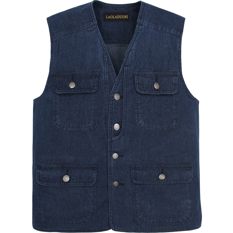 . Vest cha trung niên và người già áo ghi lê vest nam cộng với size công việc cha mới sản phẩm denim nhiều túi giản dị hộ gia đình - Dệt kim Vest